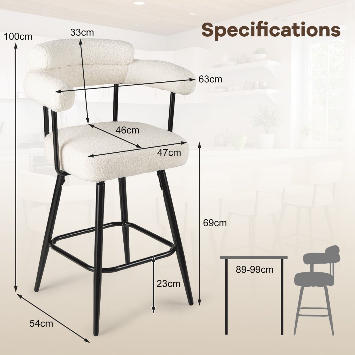 Set of 2 Swivel Bar Stool Counter Chairs with Curved Backrest-White
