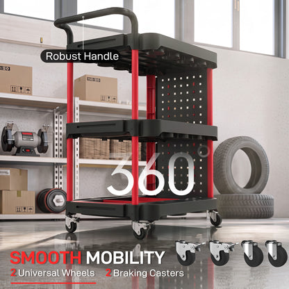 HOMCOM 3-Tier Rolling Tool Cart with Pegboard and Hooks, Storage Trolley Wheel Cart with Brakes, Black & Red