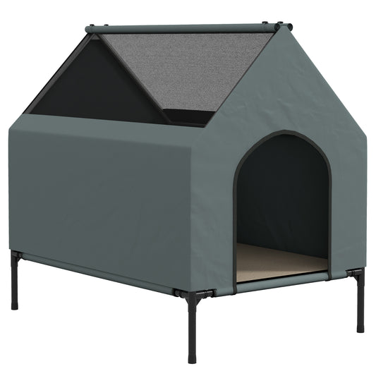 PawHut Dog House Outdoor Elevated Dog Bed with Removable Cover, Mesh Windows, Storage Bag, for S and M-Sized Dogs, Grey