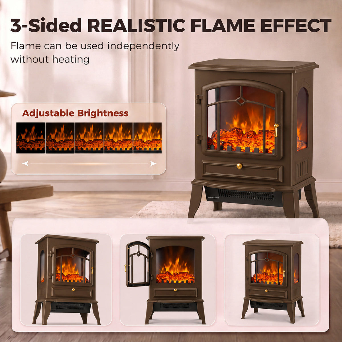 HOMCOM Electric Fireplace Stove, 1000/2000W 3-Sided Freestanding Fireplace Heater with 3D Flame Log, Thermostat, Brown