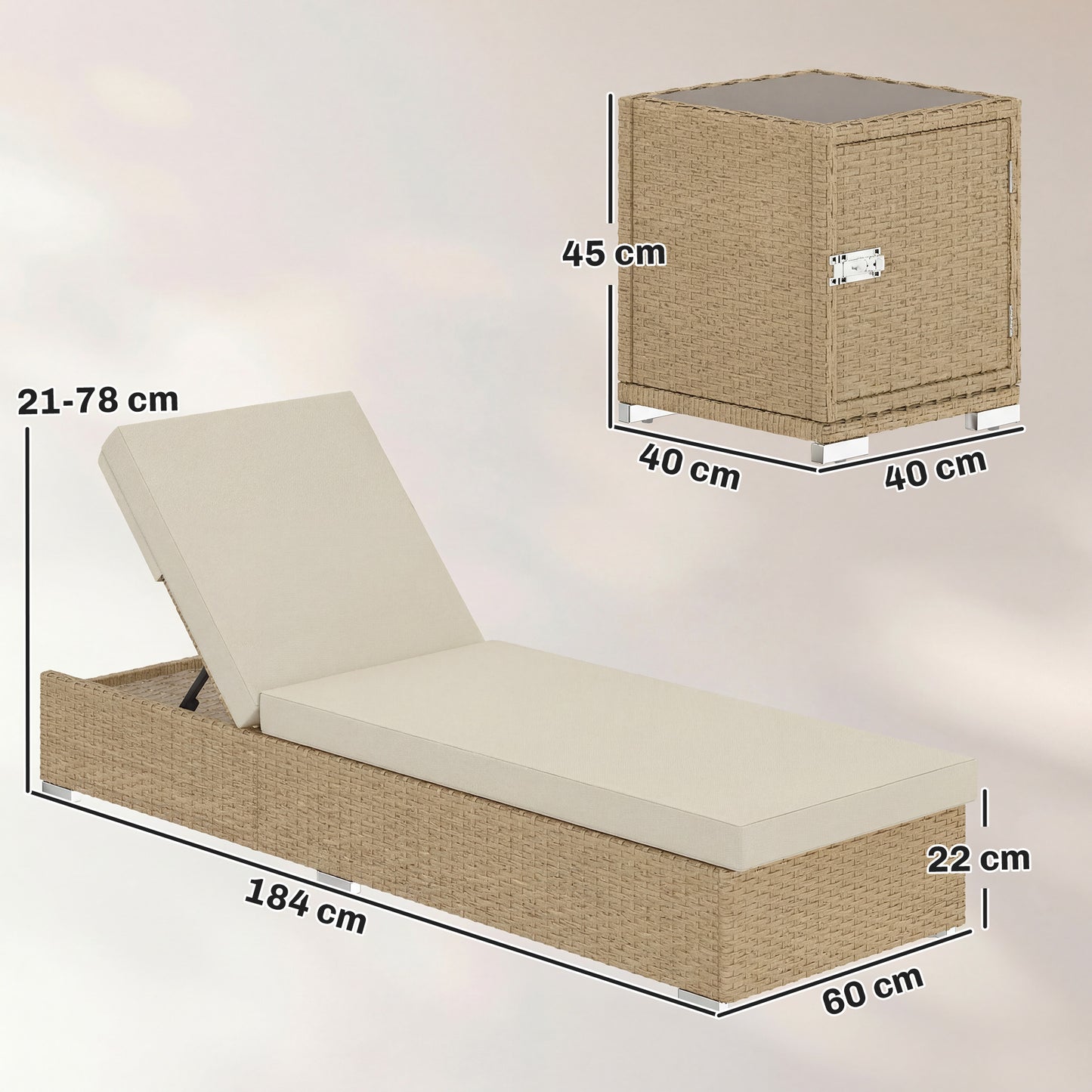 Outsunny Rattan Sun Loungers Set of 2 with Side Table, Garden Recliner Sunbeds with Adjustable Back, Cushions, Beige