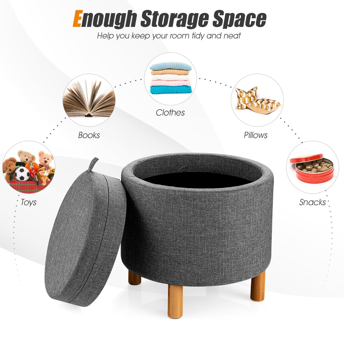 Modern Round Padded Storage Ottoman with Hidden Storage Space-Grey