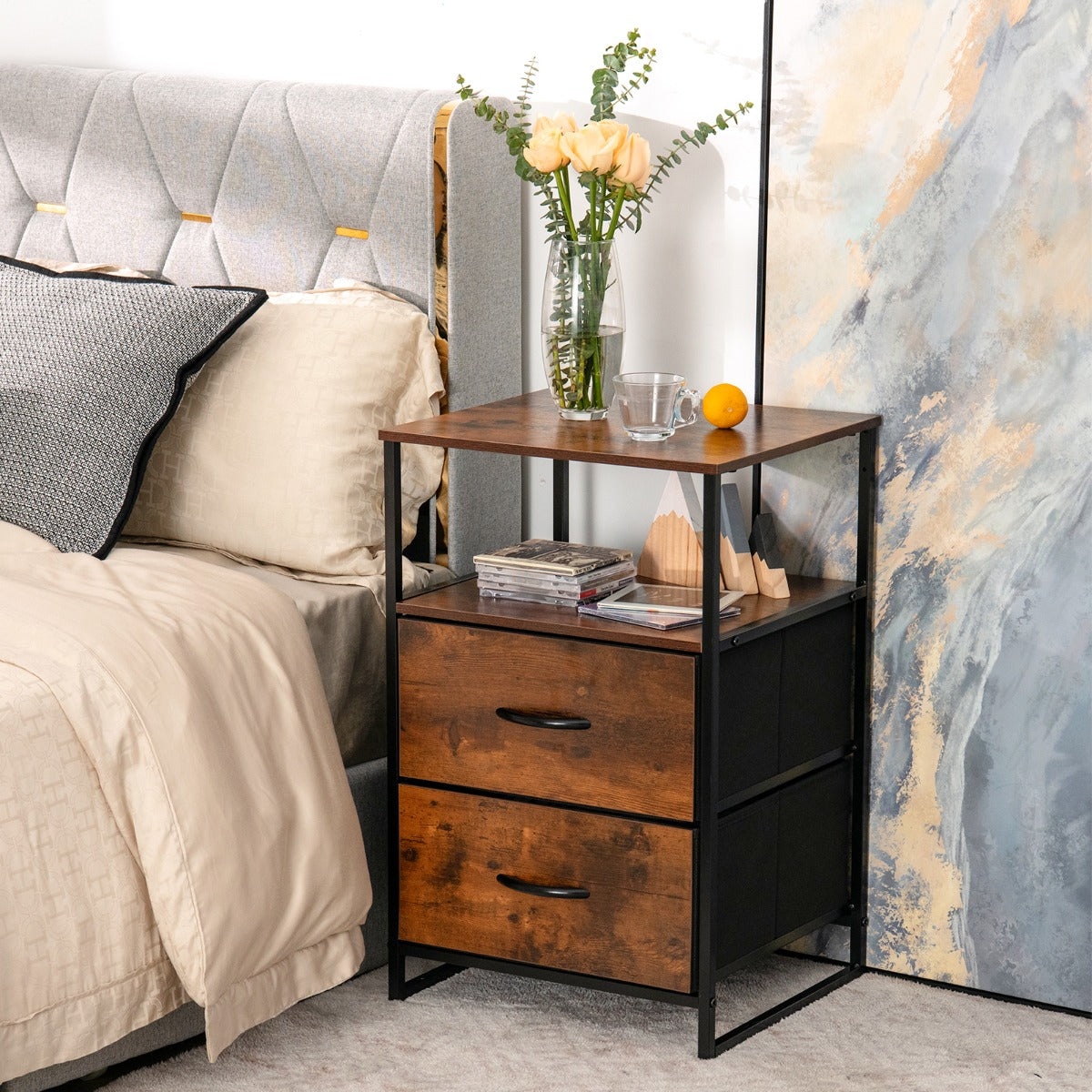 2-Drawer Storage Cabinet with Removable Fabric Drawers for Living Room/Bedroom