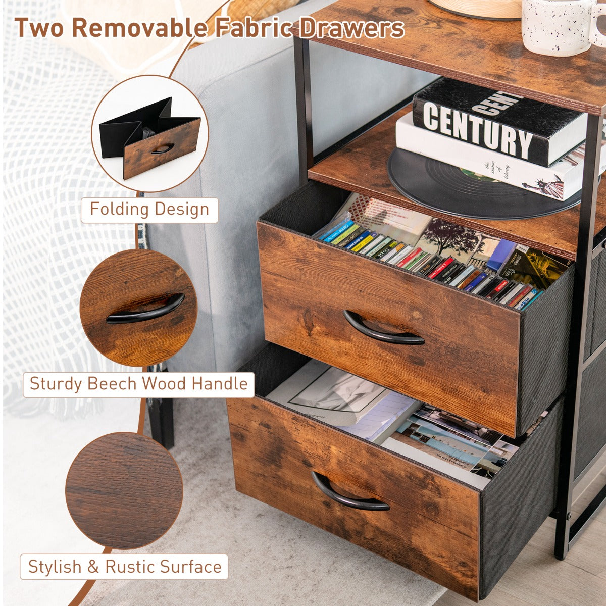 2-Drawer Storage Cabinet with Removable Fabric Drawers for Living Room/Bedroom