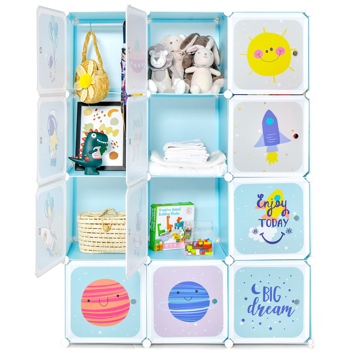 Portable Children Wardrobe with 12 Cubes and 2 Clothes Hanging Section-Blue