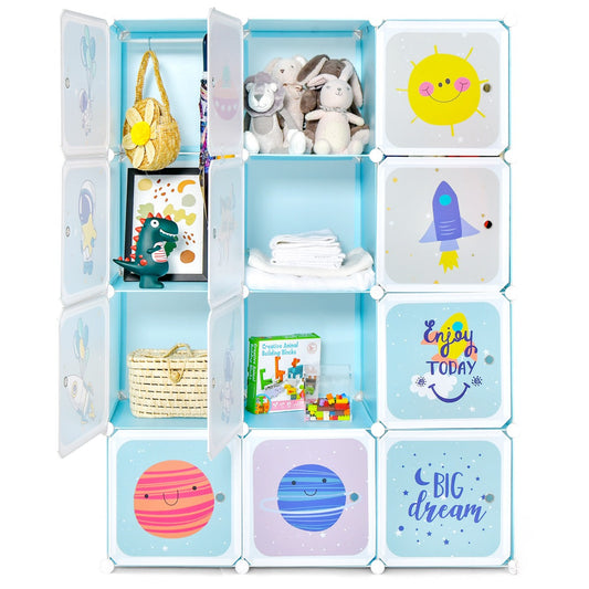 Portable Children Wardrobe with 12 Cubes and 2 Clothes Hanging Section-Blue