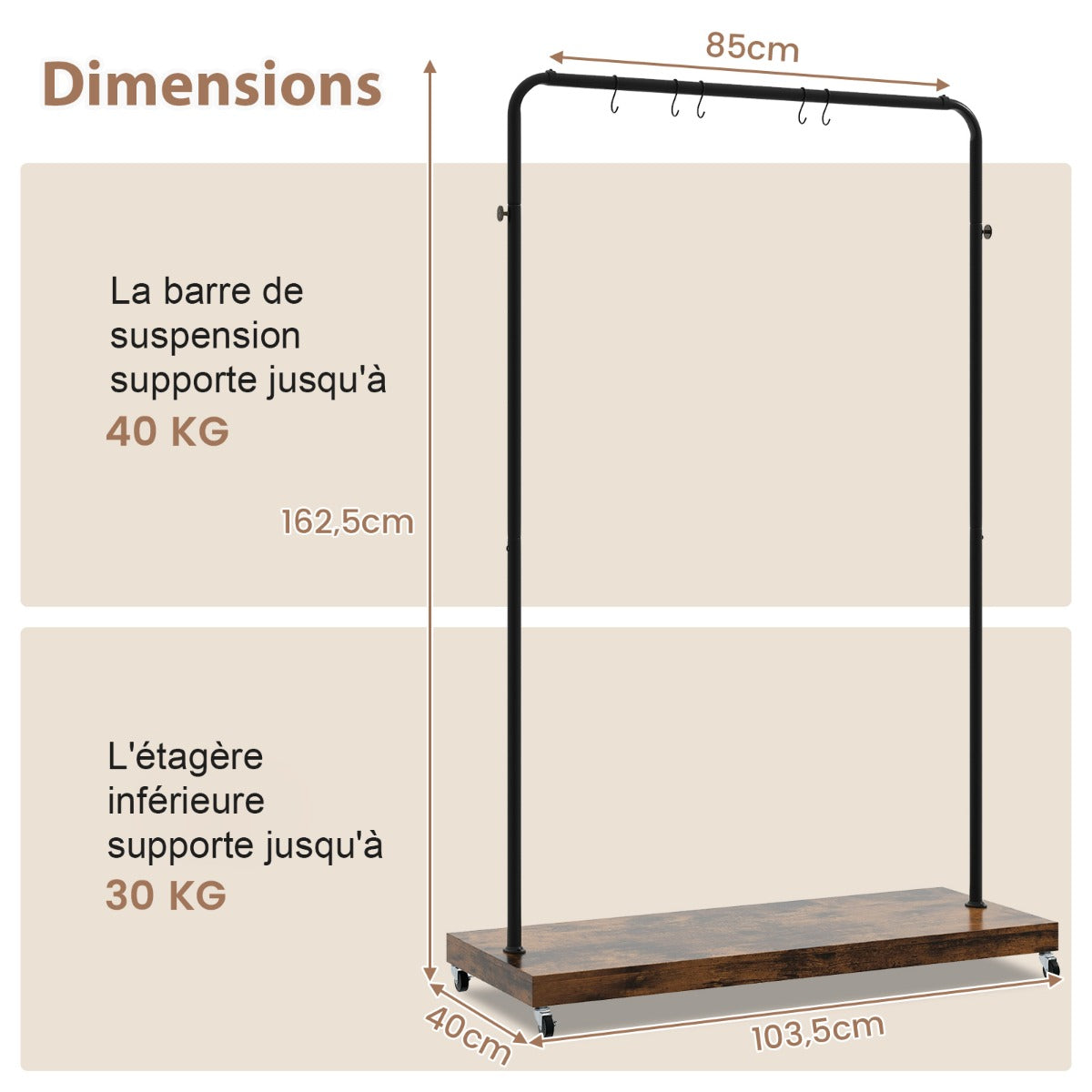 Rolling Garment Rack with Hanging Hooks and Bottom Storage Shelf