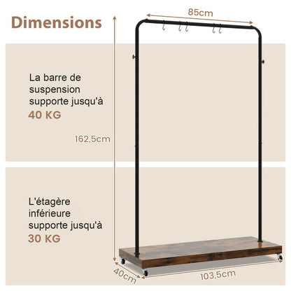 Rolling Garment Rack with Hanging Hooks and Bottom Storage Shelf