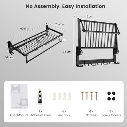 Foldable Bathroom Towel Rack with Adjustable Towel Bar and Movable Hooks