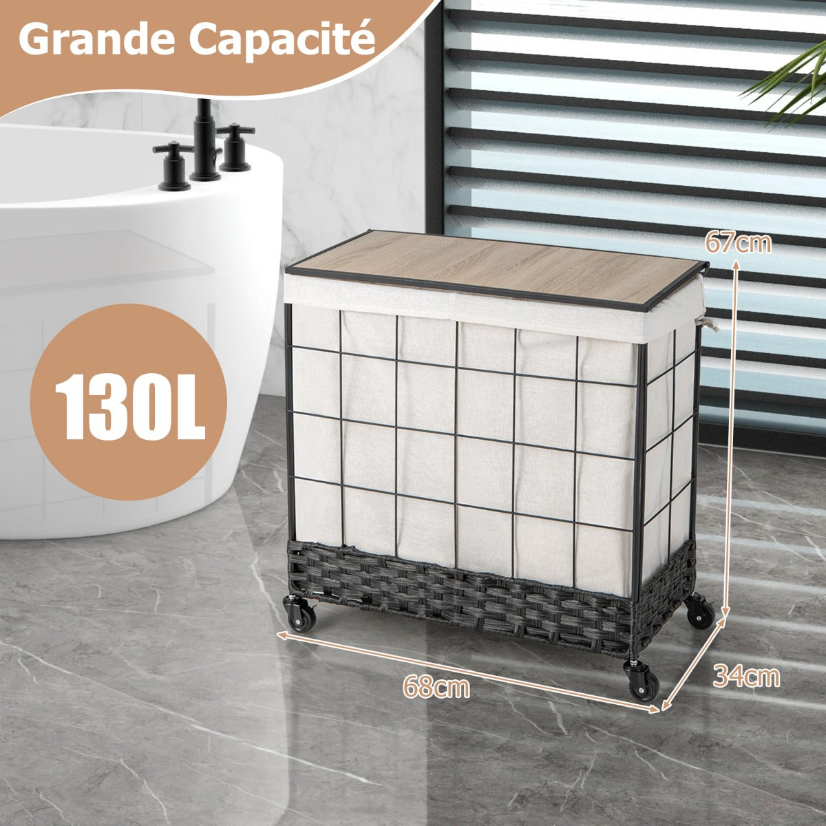 110L/130L Large Capacity Handwoven Rattan Laundry Basket with Lid and Lockable Wheels-L