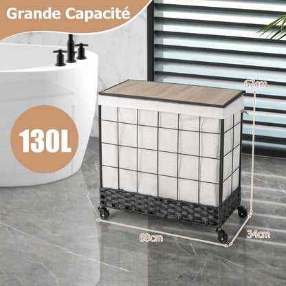 110L/130L Large Capacity Handwoven Rattan Laundry Basket with Lid and Lockable Wheels-L