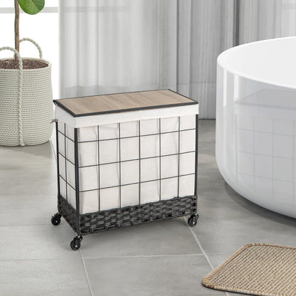 110L/130L Large Capacity Handwoven Rattan Laundry Basket with Lid and Lockable Wheels-L