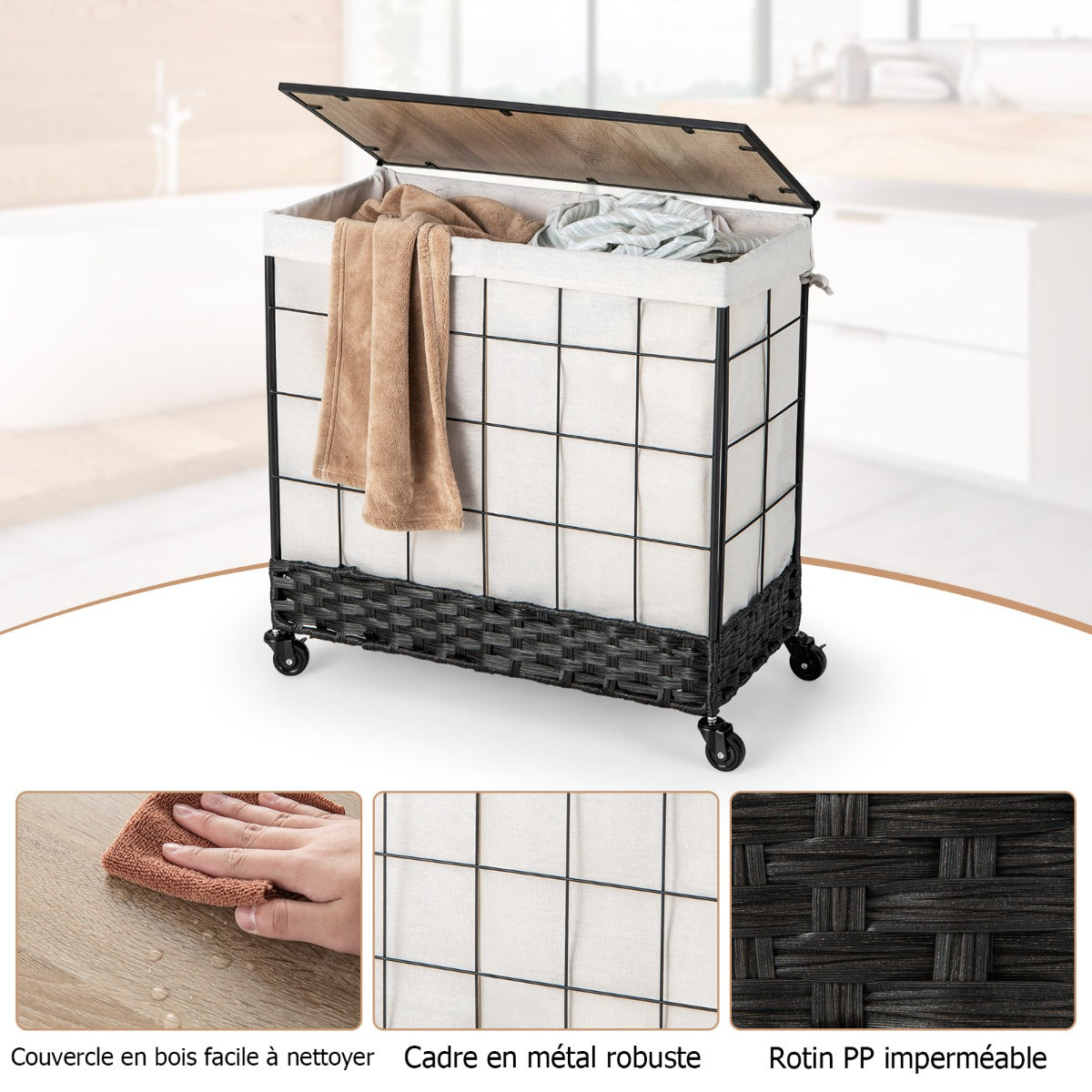 110L/130L Large Capacity Handwoven Rattan Laundry Basket with Lid and Lockable Wheels-L