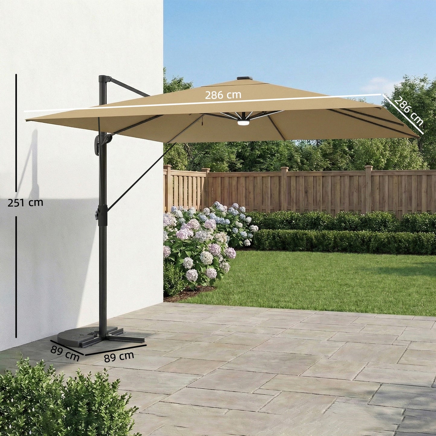 Outsunny 3 x 3 m Garden Cantilever Parasol with Light, Umbrella with Wind Protection, 360Â° Rotation, Khaki