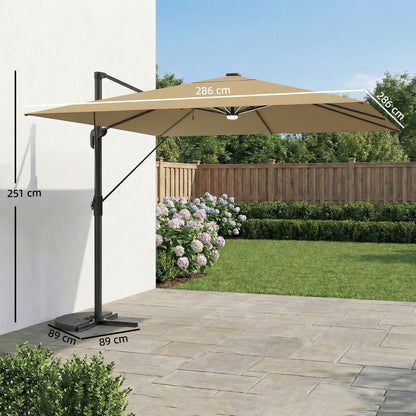 Outsunny 3 x 3 m Garden Cantilever Parasol with Light, Umbrella with Wind Protection, 360 degrees Rotation, Khaki