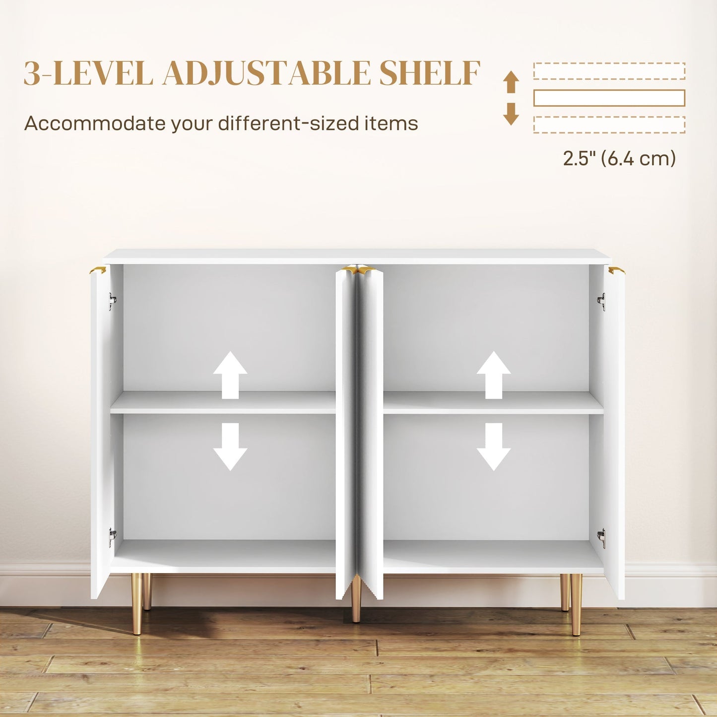 HOMCOM Sideboard Buffet Cabinet, Modern Kitchen Storage Cabinet with 4 Doors and Adjustable Shelves, Living Room Cabinet with Metal Legs for Hallway, White