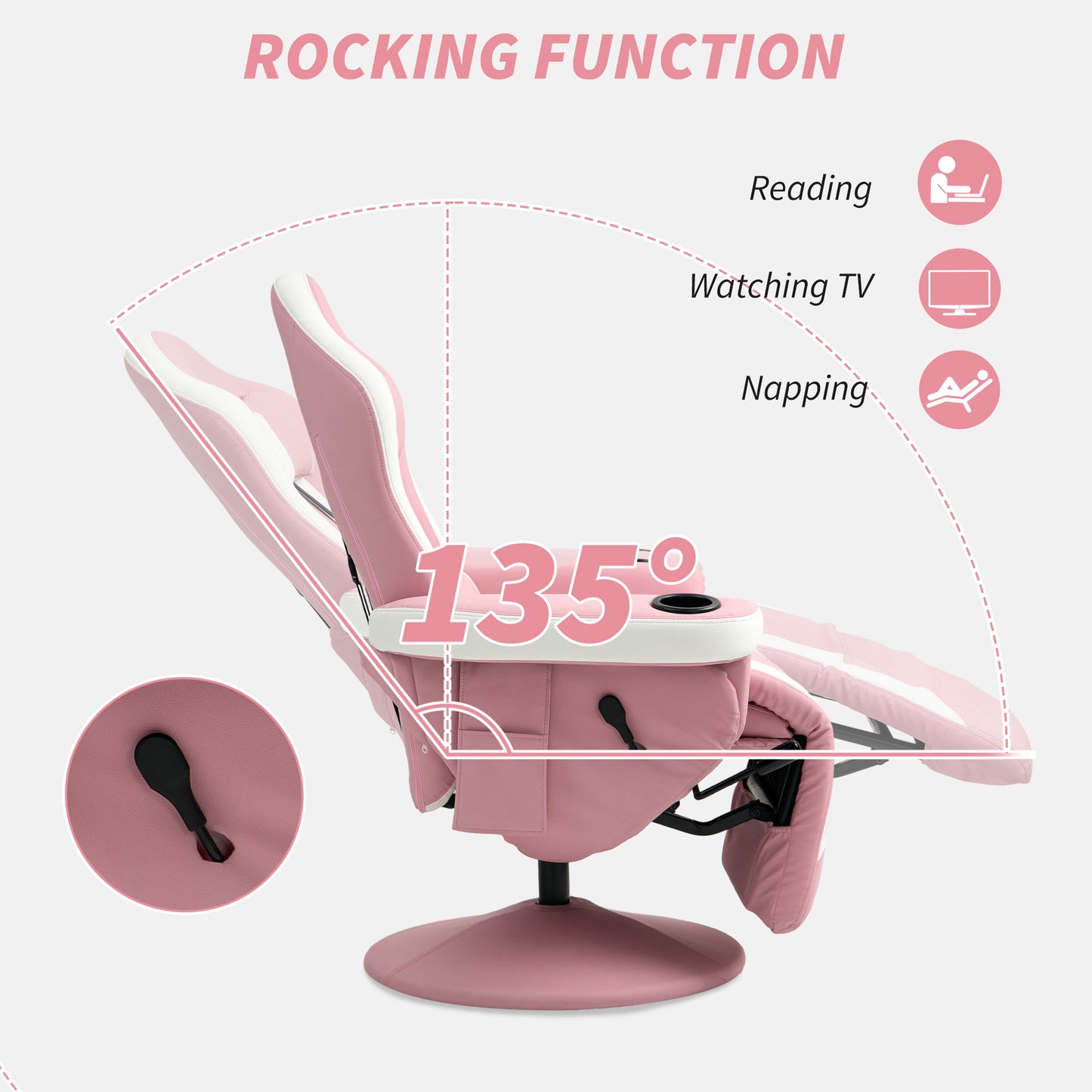 HOMCOM Manual Recliner Armchair PU Leather Lounge Chair w Adjustable Leg Rest, 135Â° Reclining Function, 360Â° Swivel, Pink