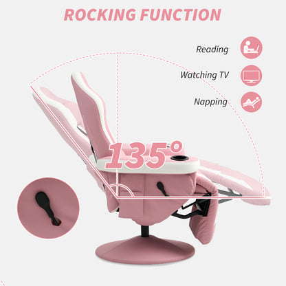 HOMCOM Manual Recliner Armchair PU Leather Lounge Chair w Adjustable Leg Rest, 135Â° Reclining Function, 360Â° Swivel, Pink