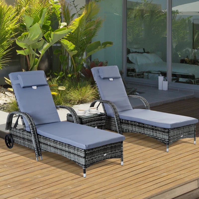 Boro 2 Seat Rattan Reclining Sun Lounger with Side Table Set Brown, Grey, Black