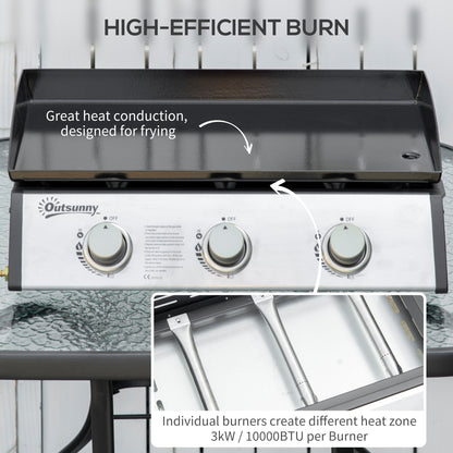 Outsunny Gas Plancha Barbecue Grill with 3 Stainless Steel Burner, 9kW, Portable Tabletop Gas BBQ with Non-Stick Griddle for Camping Picnic Garden Party Festival
