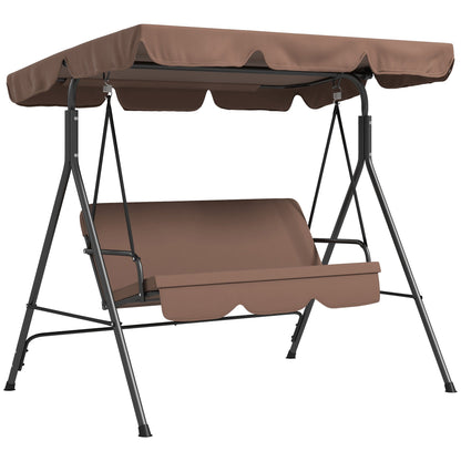Outsunny 3 Seater Garden Swing Chair, Outdoor Swing Chair with Adjustable Canopy, Mental Frame & Cushions, Brown