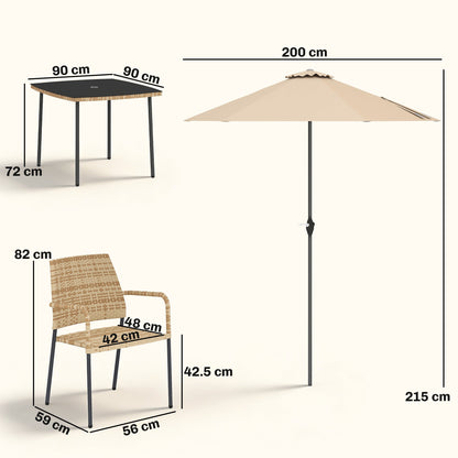 Outsunny 4 Seater Rattan Dining Set with Parasol, 6 Piece Garden Table and Stackable Chairs with Tempered Glass Tabletop