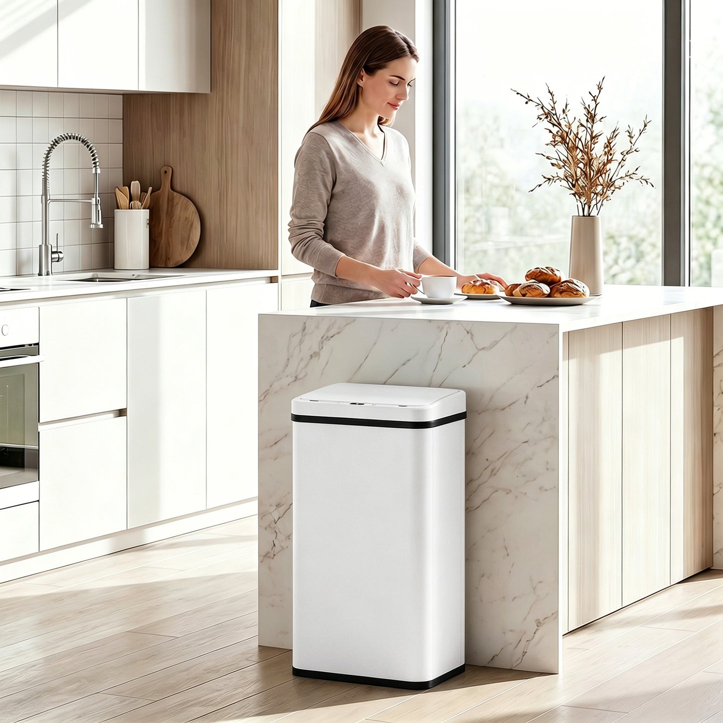 HOMCOM 50L Sensor Bin with Soft-Close Lid, Stainless Steel Automatic Touchless Motion Sensor Kitchen Bin, White