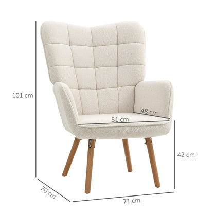 HOMCOM Modern Accent Chair, Upholstered Tufted Wingback Armchair with Seat Padding, Teddy Fleece Leisure Lounge Bedroom Chair with Wood Legs, Cream White