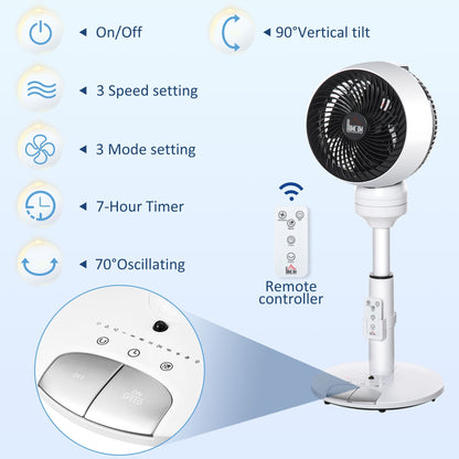 HOMCOM 9'' Air Circulator Fan 3 Speed 3 Mode, 70 degrees Oscillation 90 degrees Vertical Tilt, Height Adjustable, Remote Controller, for Living Room, Bedroom, Office, Black and White