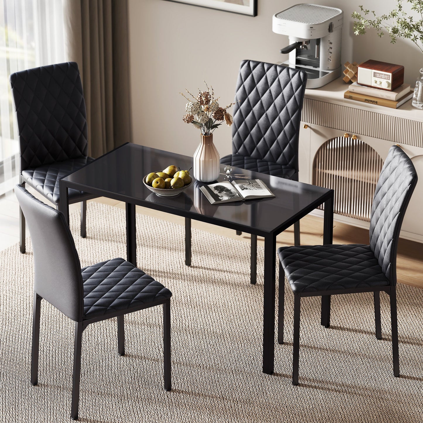 HOMCOM 5 Piece Dining Set, Kitchen Table with Glass Top, Faux Leather Chairs, Black