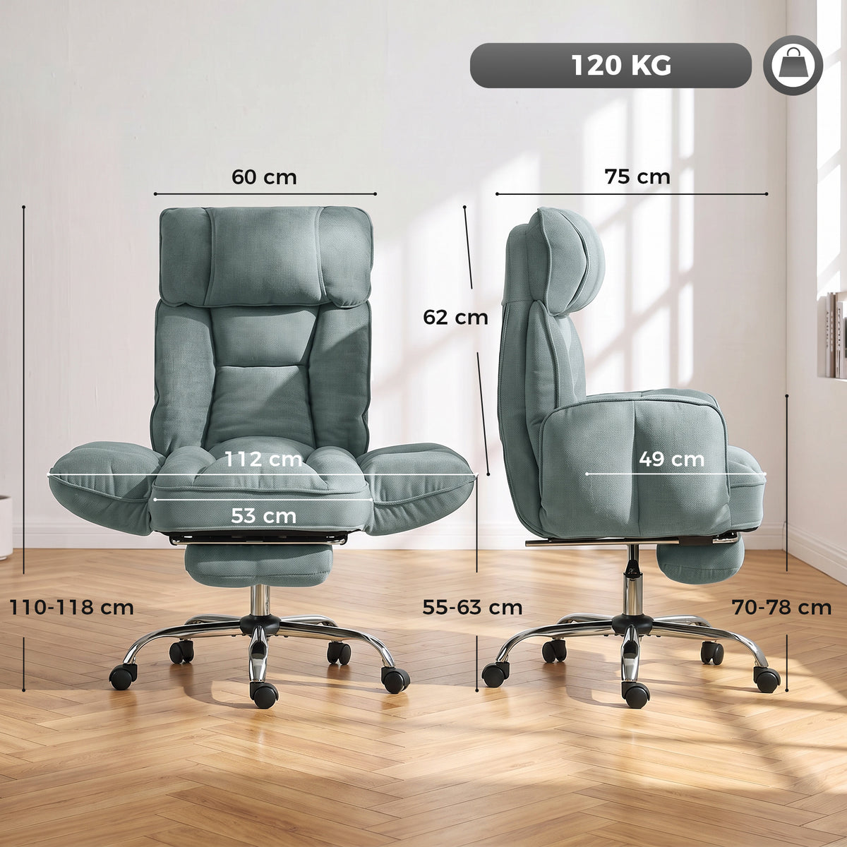 HOMCOM Executive Office Chair Height Adjustable Desk Chair Reclining Flip-up Armrest Footrest, Light Green