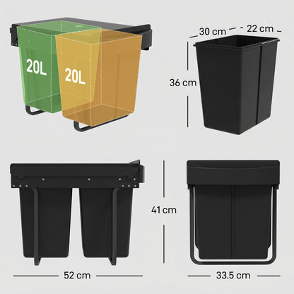 HOMCOM Pull Out Bin, Kitchen Under Sink Bin with 2 Removable Compartments, Smooth Glide, Black