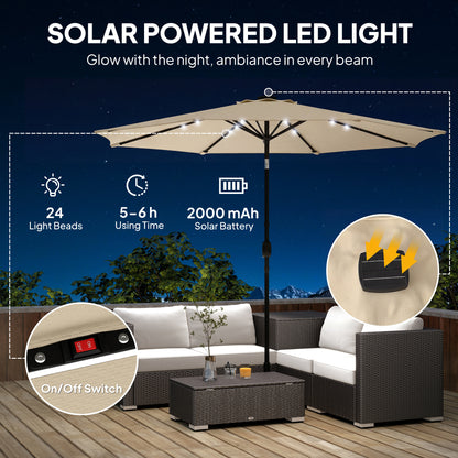 Outsunny 2.6 m Garden Parasol Umbrella with LED Solar Light, Parasol Cover, Outdoor Market Patio Umbrella, Beige