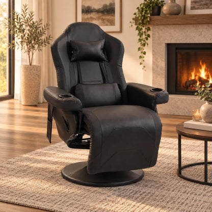 HOMCOM Manual Recliner Armchair PU Leather Lounge Chair w/ Adjustable Leg Rest, 135° Reclining Function, 360° Swivel, Black
