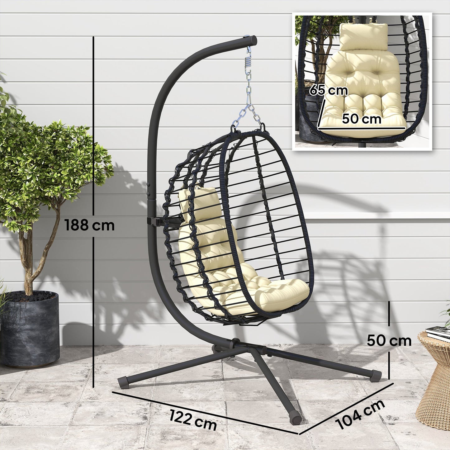 Outsunny Rattan Hanging Egg Chair, Foldable Wicker Hammock Swing Chair with Cushion, Stand, Adjustable Height, Head Pillow, Steel Frame for Garden Patio Indoor Outdoor, Cream White