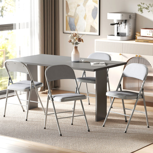HOMCOM 4 Pack Folding Chairs with Padded Seats, Velvet Portable Party Chairs with Steel Frame, Light Grey