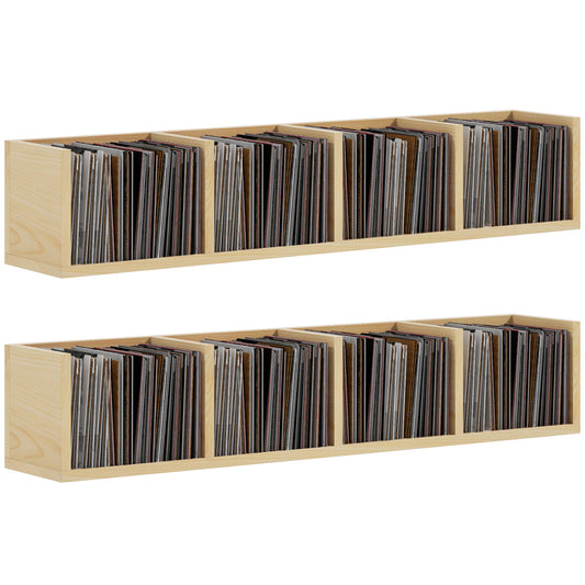 HOMCOM Wall Mount 84 CD / 56 DVD/Blu-ray/ Media Storage Rack 4 Cubes, Wooden Shelf Organiser Unit Bookcase Display, Set of 2, Natural Wood Finish
