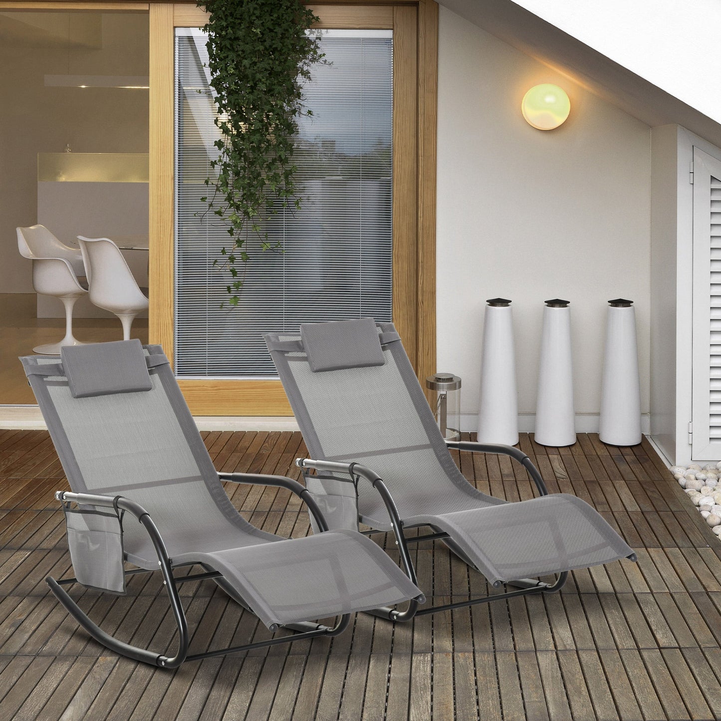Outsunny 2PCs Outdoor Garden Rocking Chair, Patio Sun Lounger Rocker Chair with Breathable Mesh Fabric, Removable Headrest Pillow, Armrest, Side Storage Bag, Grey