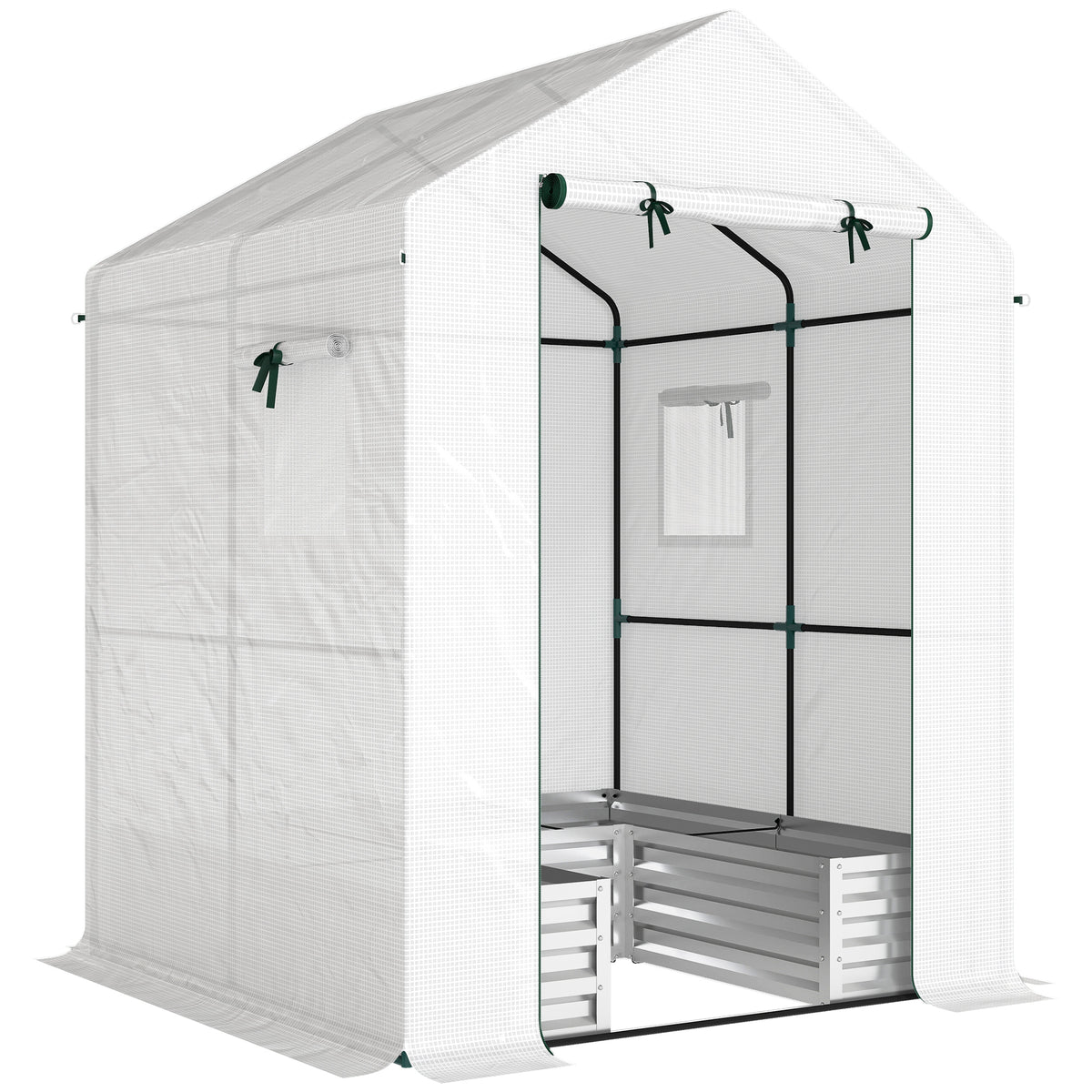 Outsunny Small Greenhouse with Raised Garden Bed, Galvanised Walk-in Greenhouse with Roll Up Windows, 141 x 141 x 190 cm, White