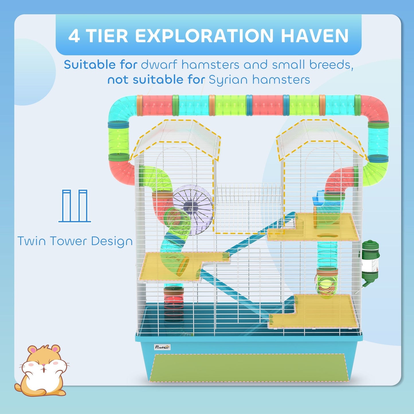 PawHut 4 Tier Hamster Cage w/ Tubes, Exercise Wheel, Hut, Water Bottle, Food Dish, Ramps, for Dwarf Hamster, Light Blue