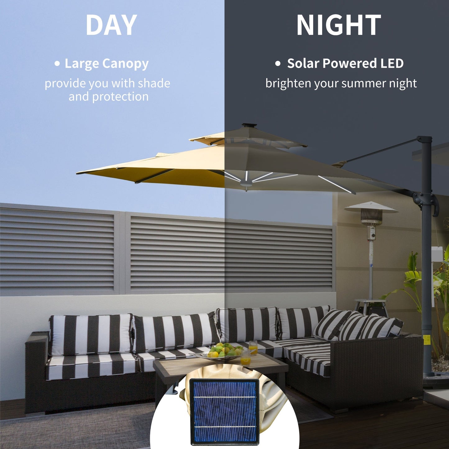 Outsunny 3m Cantilever Parasol w/ Solar Lights Power Bank Base 360 Spin Khaki