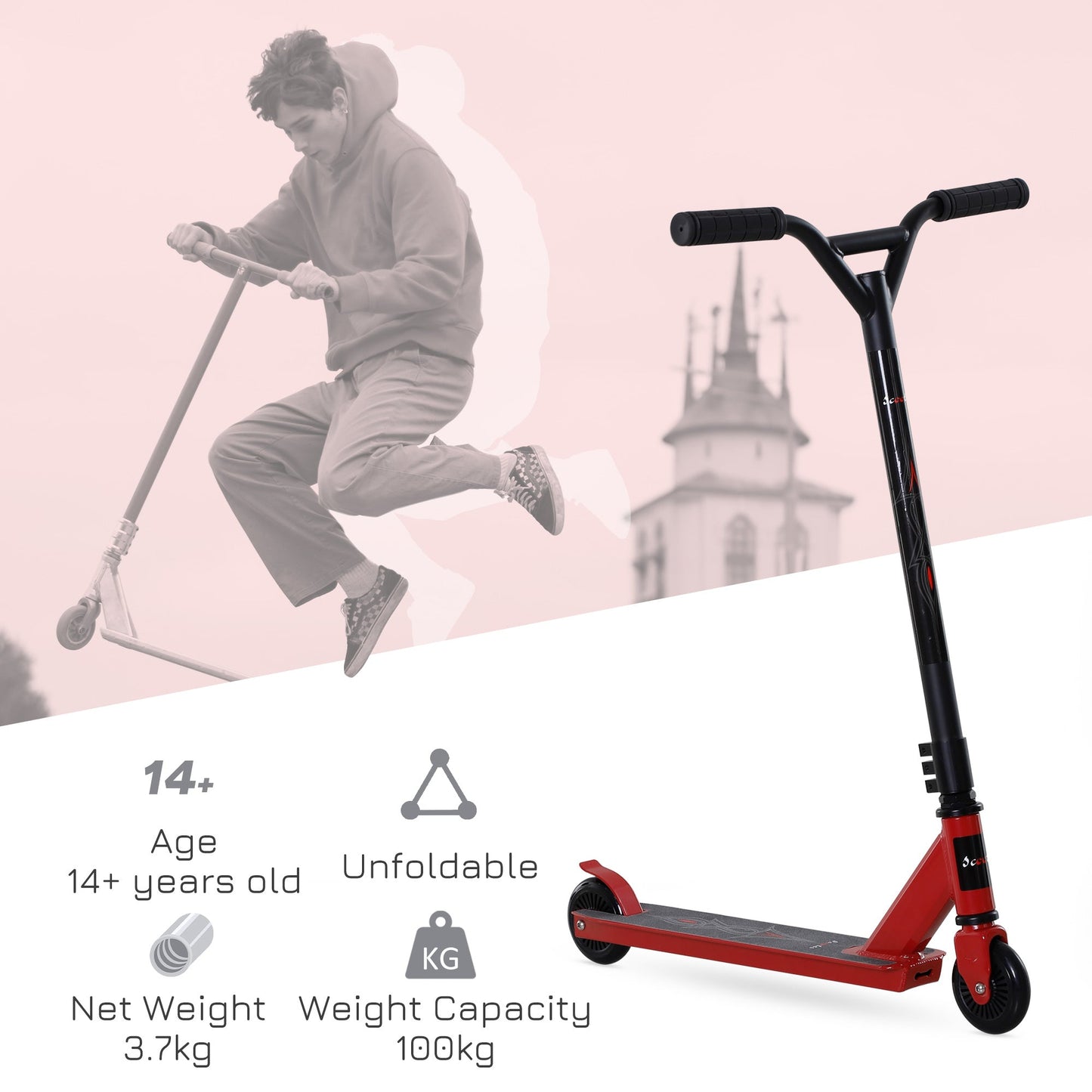 HOMCOM Street Stunt Scooter Intermediate and Beginner Freestyle Tricks Scooters For 14+ Teens Adult w/ Rear 10cm Wheel & Brake - Red