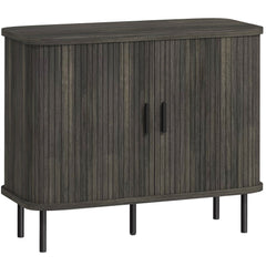HOMCOM Mid-Century Modern Sideboard Storage Cabinet with Slatted Tambour Sliding Doors, Kitchen Cabinet with Steel Legs, Grey
