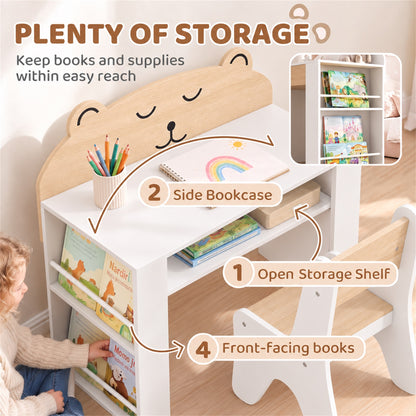 AIYAPLAY Kids Table and Chair Set with Side Bookshelves, Open Storage, Non-Slip Pads for 3-8 Y, Bedroom, Study Room, Bear-Themed