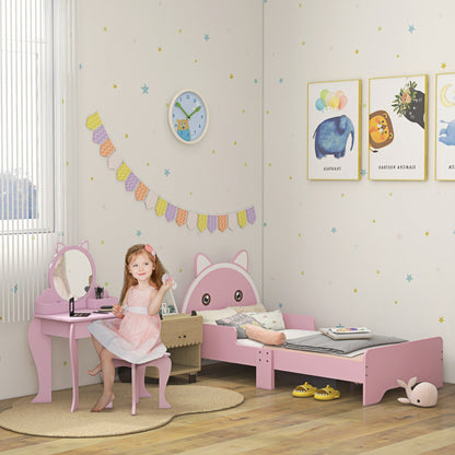 ZONEKIZ Wooden Kids Bedroom Furniture Set with Kids Dressing Table, Stool, Bed, for 3-6 Years, Cat-Design
