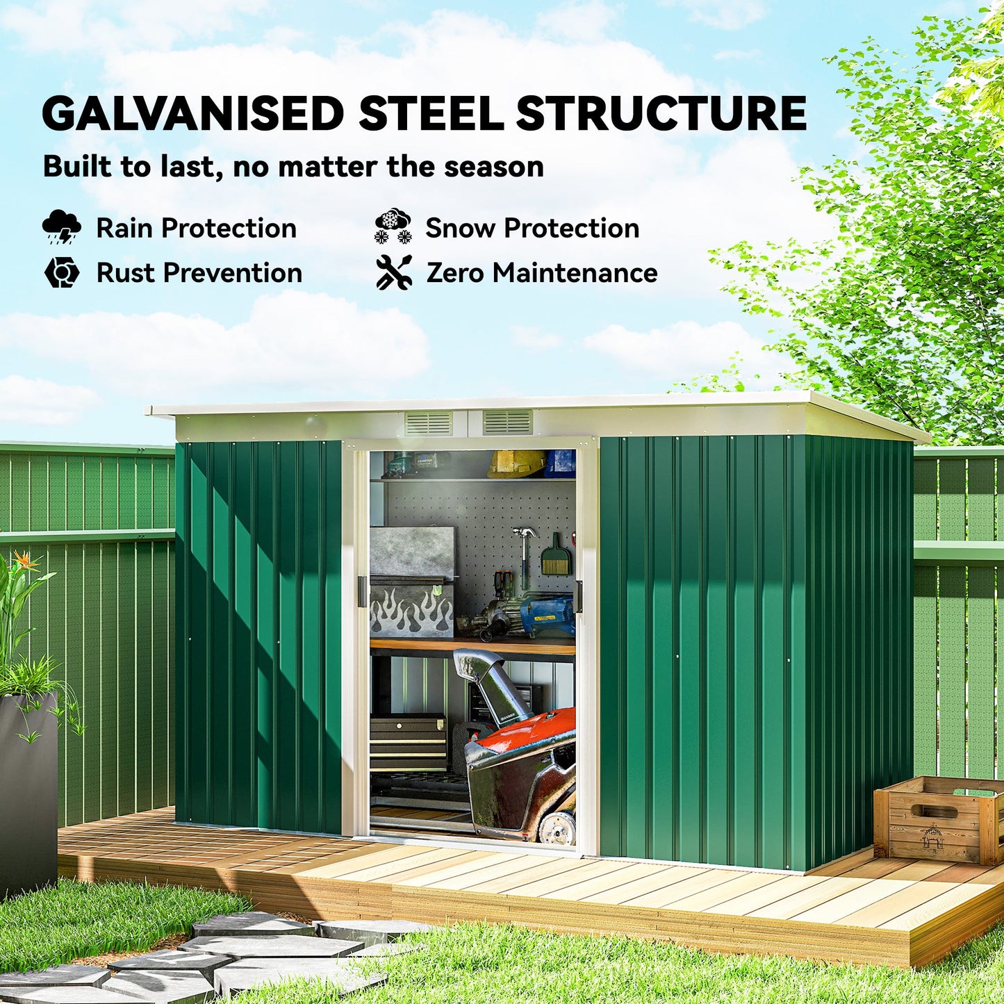 Outsunny 9ft x 4ft Metal Garden Shed, Outdoor Tool House with Foundation Kit, Ventilations and Double Doors, Deep Green