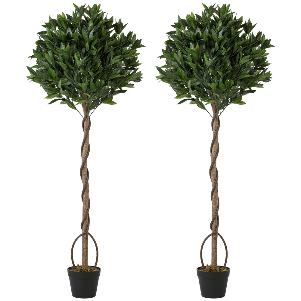 Outsunny Realistic Lush Topiary Ball Tree, Artificial Bay Laurel Topiary Trees with Weighted Pot, Set of 2, Green