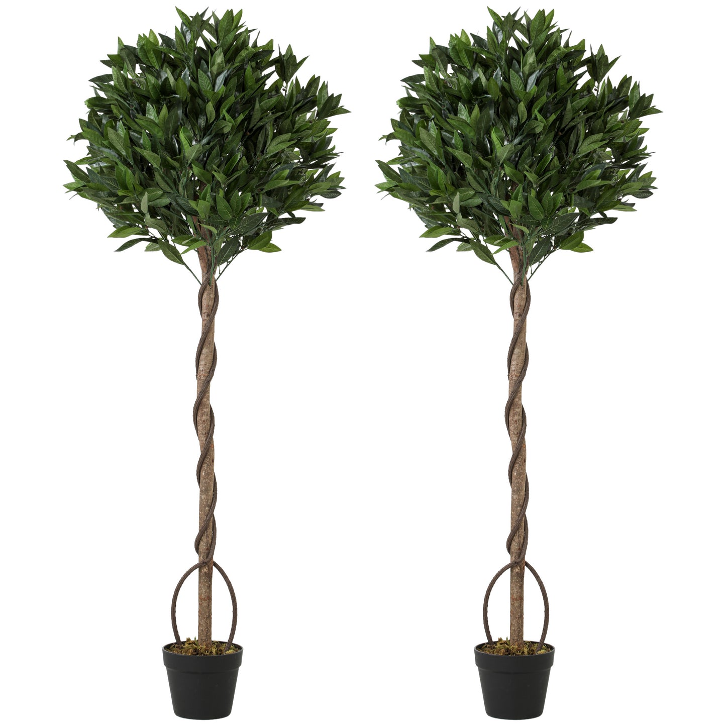 Outsunny Realistic Lush Topiary Ball Tree, Artificial Bay Laurel Topiary Trees with Weighted Pot, Set of 2, Green