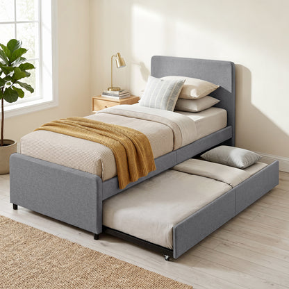 HOMCOM 3ft Single Bed Frame with Trundle, Upholstered Pull Out Trundle Bed with Headboard and Footboard, Dark Grey