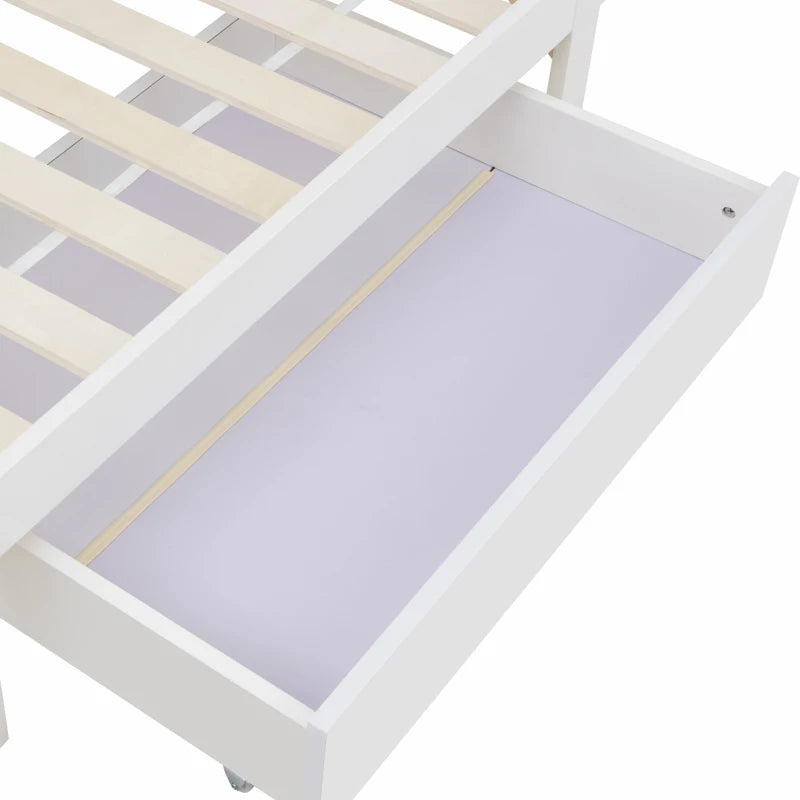 Single Wooden Storage Bed with Built-in Shelves and Underbed Drawer, Pinewood and MDF, for Adults, Kids, Teenagers, 208x100x93 cm, White